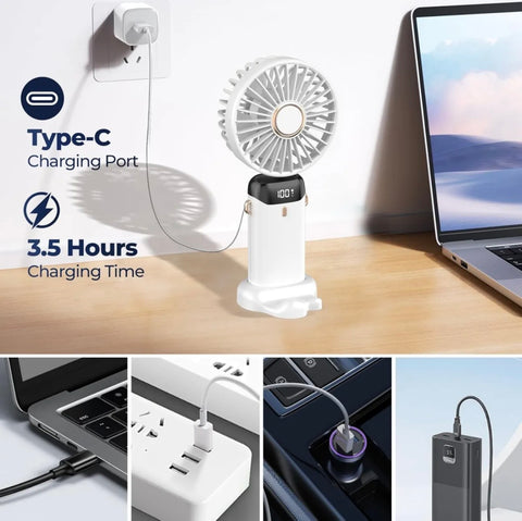 Portable Handheld Mini Fan 3000mAh Foldable Neck Hanging Fans 5 Speed Adjust USB Charge Fan