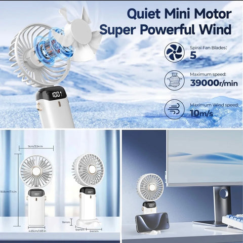 Portable Handheld Mini Fan 3000mAh Foldable Neck Hanging Fans 5 Speed Adjust USB Charge Fan